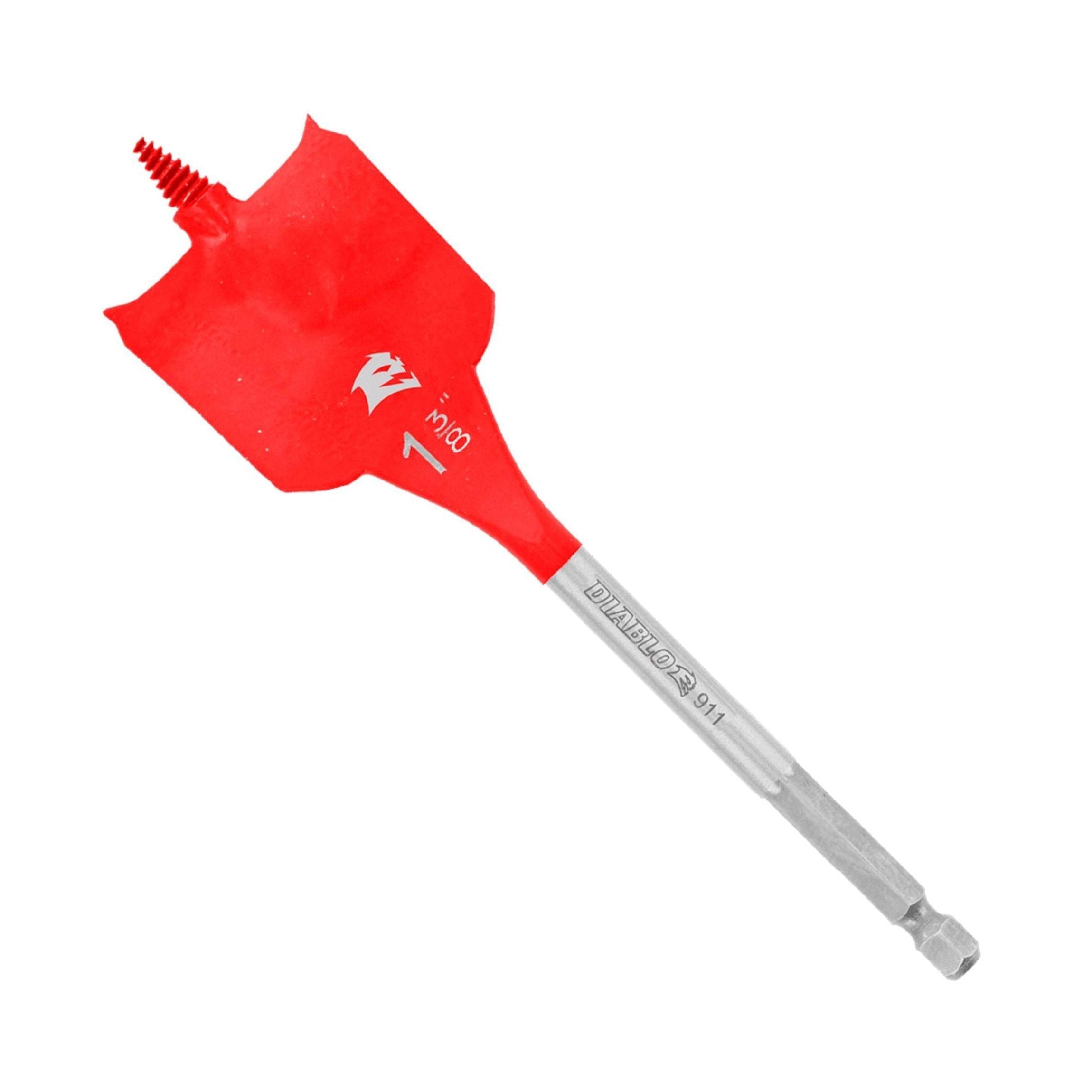 The DIABLO DSP2160 spade bit for wood, featuring a SPEED-TIP design and optimized curved paddle with markings, is shown against a plain background. It has a red tip, gray metal shaft, and hexagonal end for Impact Strong performance during use.